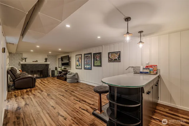 a view of a dining room with furniture