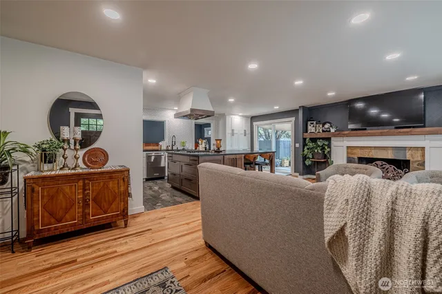 a living room with fireplace furniture and a wooden floor