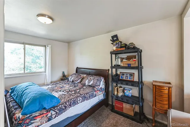 a bedroom with a bed and a book shelf