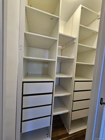 a view of walk in closet with empty racks