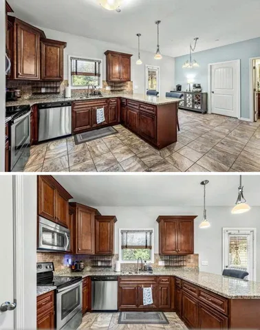 a kitchen with stainless steel appliances kitchen island granite countertop a stove top oven a sink dishwasher a dining table and chairs with wooden floor