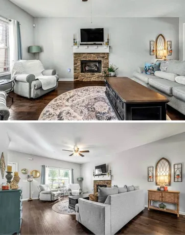 a living room with furniture and a fireplace