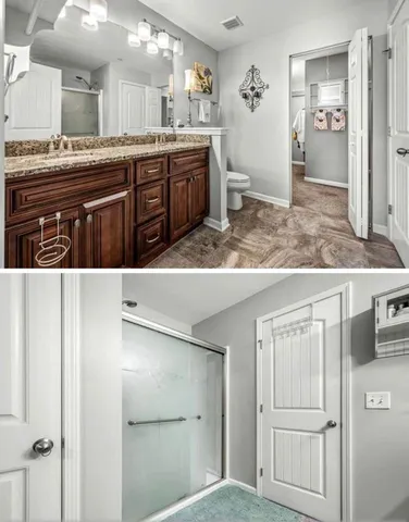 a kitchen with kitchen island cabinets and refrigerator