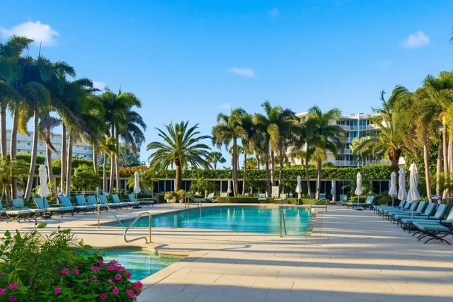 a view of swimming pool with palm trees
