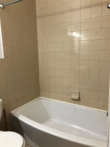 a white bath tub and a toilet