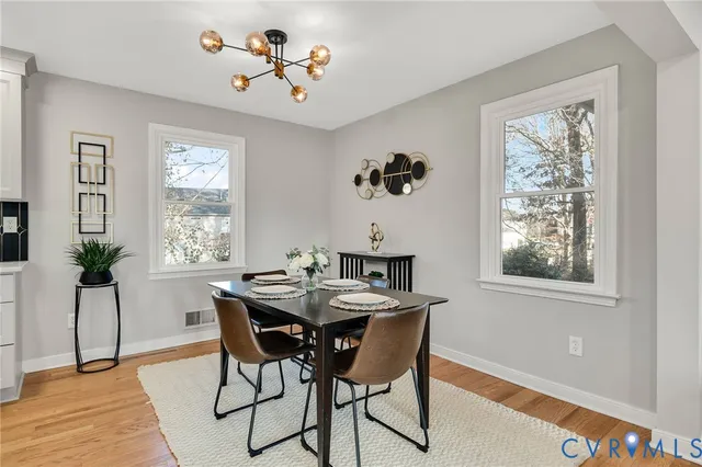 a view of a dining room with a table and chairs