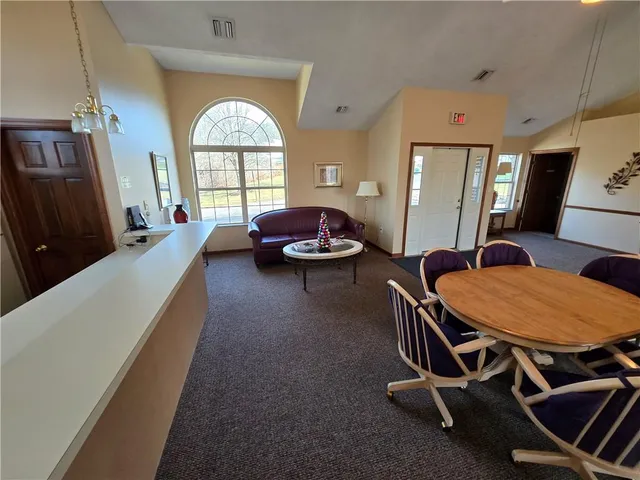 a living room with furniture a chandelier and a fireplace