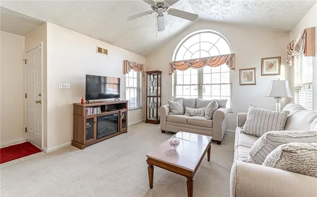 a living room with furniture a fireplace and a flat screen tv