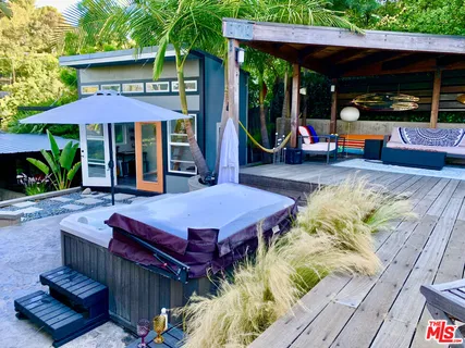 an outdoor space with furniture