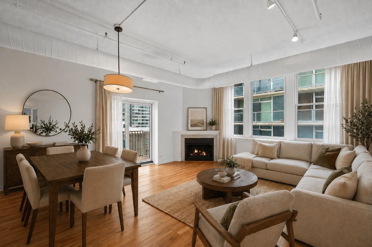 161 West Harrison Street, Unit 1007 Chicago, IL 60605 - Photo 8 of 35 a living room with furniture and a fireplace