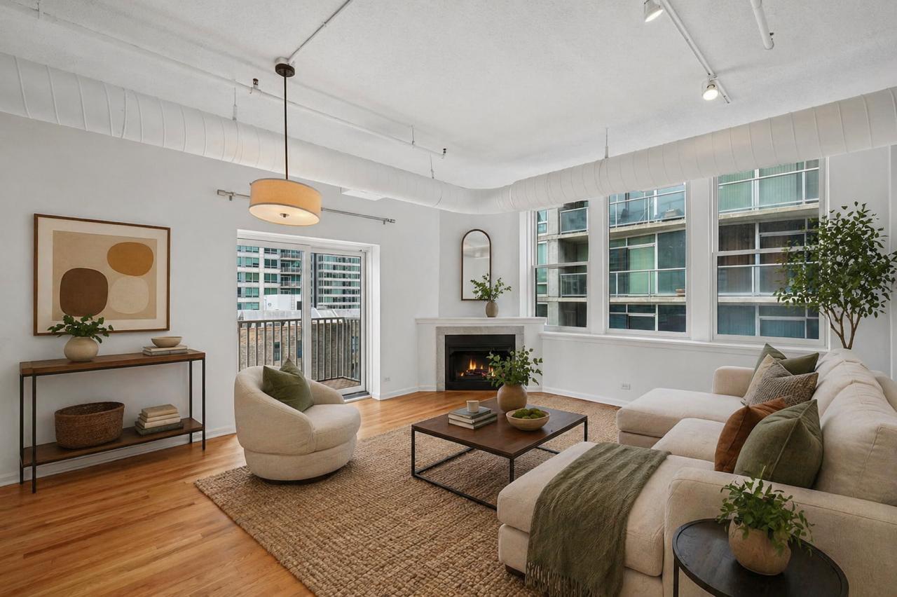 161 West Harrison Street, Unit 1007 Chicago, IL 60605 - Photo 9 of 35 a living room with furniture windows and a fireplace