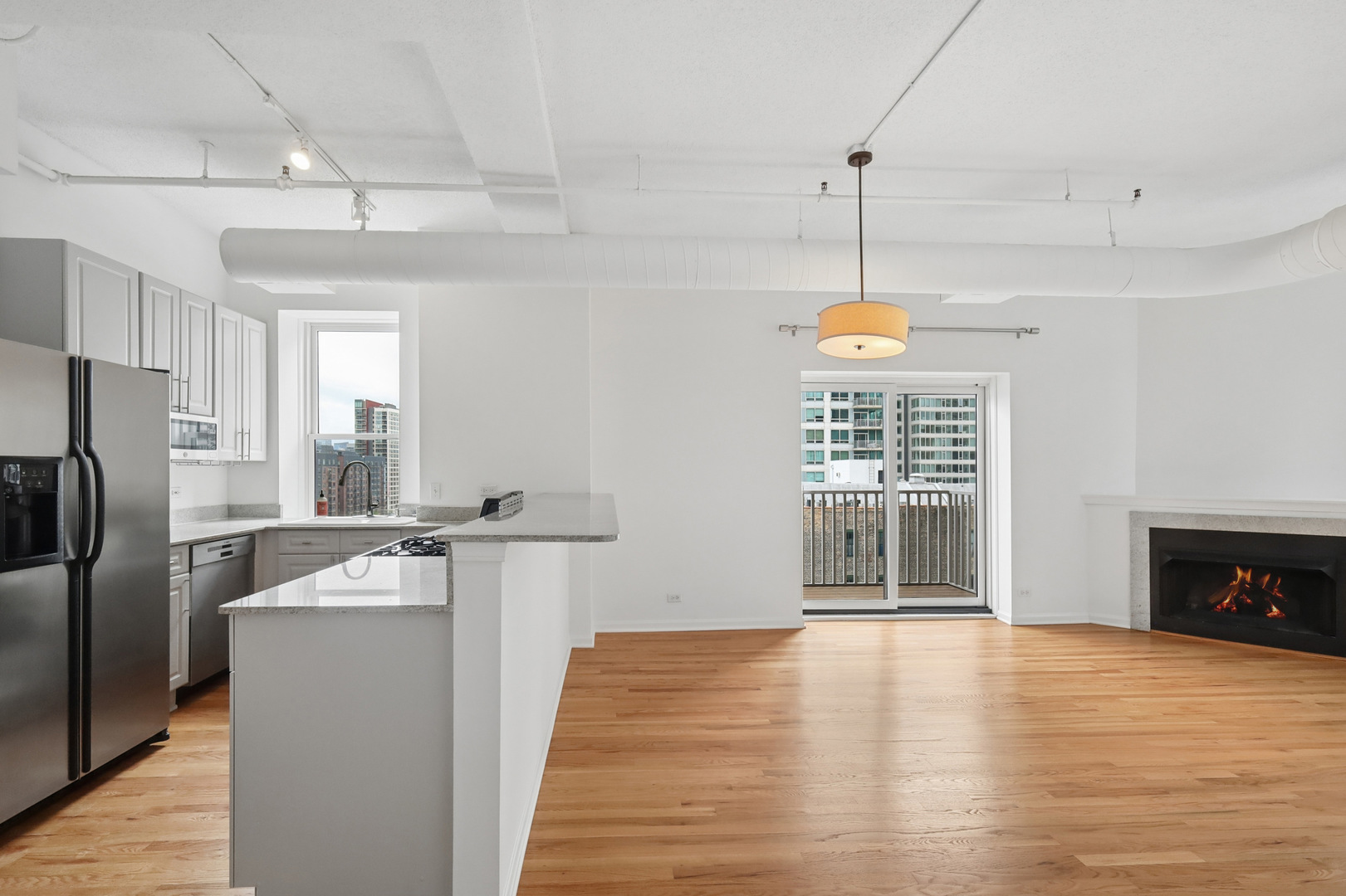 161 West Harrison Street, Unit 1007 Chicago, IL 60605 - Photo 10 of 35 a kitchen with stainless steel appliances granite countertop a refrigerator a stove and a wooden floors