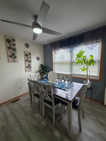 a view of a dining room with furniture and a potted plant