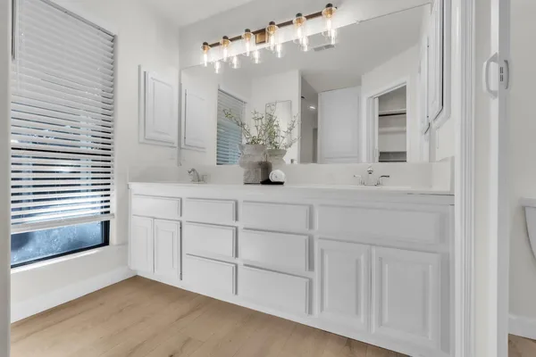 a bathroom with a sink double vanity and a mirror