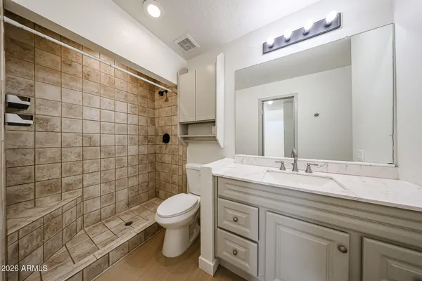 a bathroom with a granite countertop sink a toilet a mirror and shower