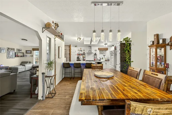 a view of a dining room with furniture