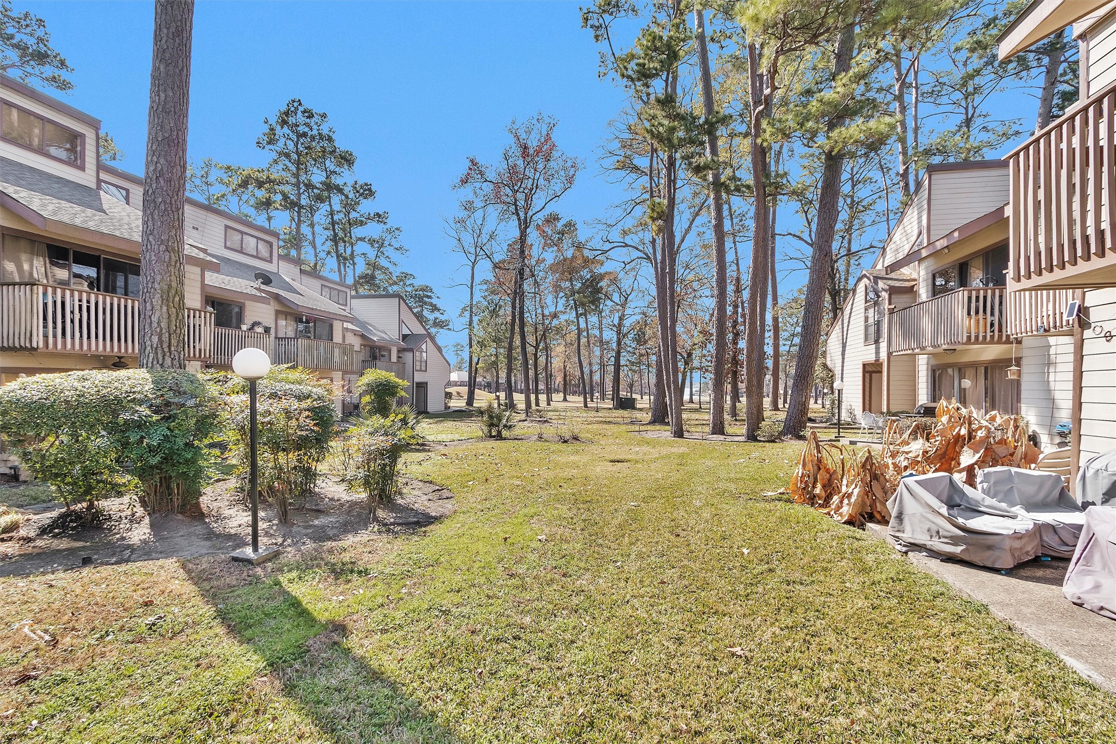 12900 Walden Road, Unit D 411 Montgomery, TX 77356 - Photo 17 of 18 Nestled among tall trees and lush greenery, this row of townhouses with charming balconies offers a serene escape with its peaceful, well-maintained landscaping.