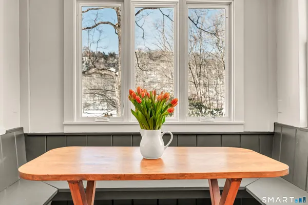 a view of a dining room with furniture and window