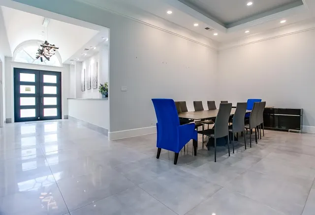 a view of a dining room with furniture