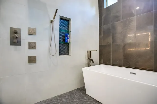 a bathroom with a bathtub