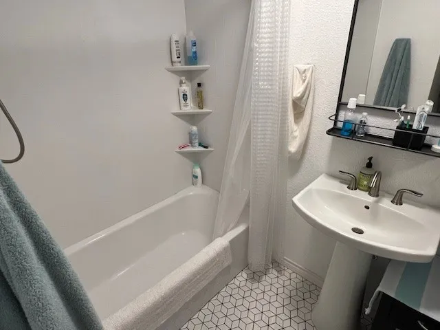a bathroom with a bathtub and a toilet