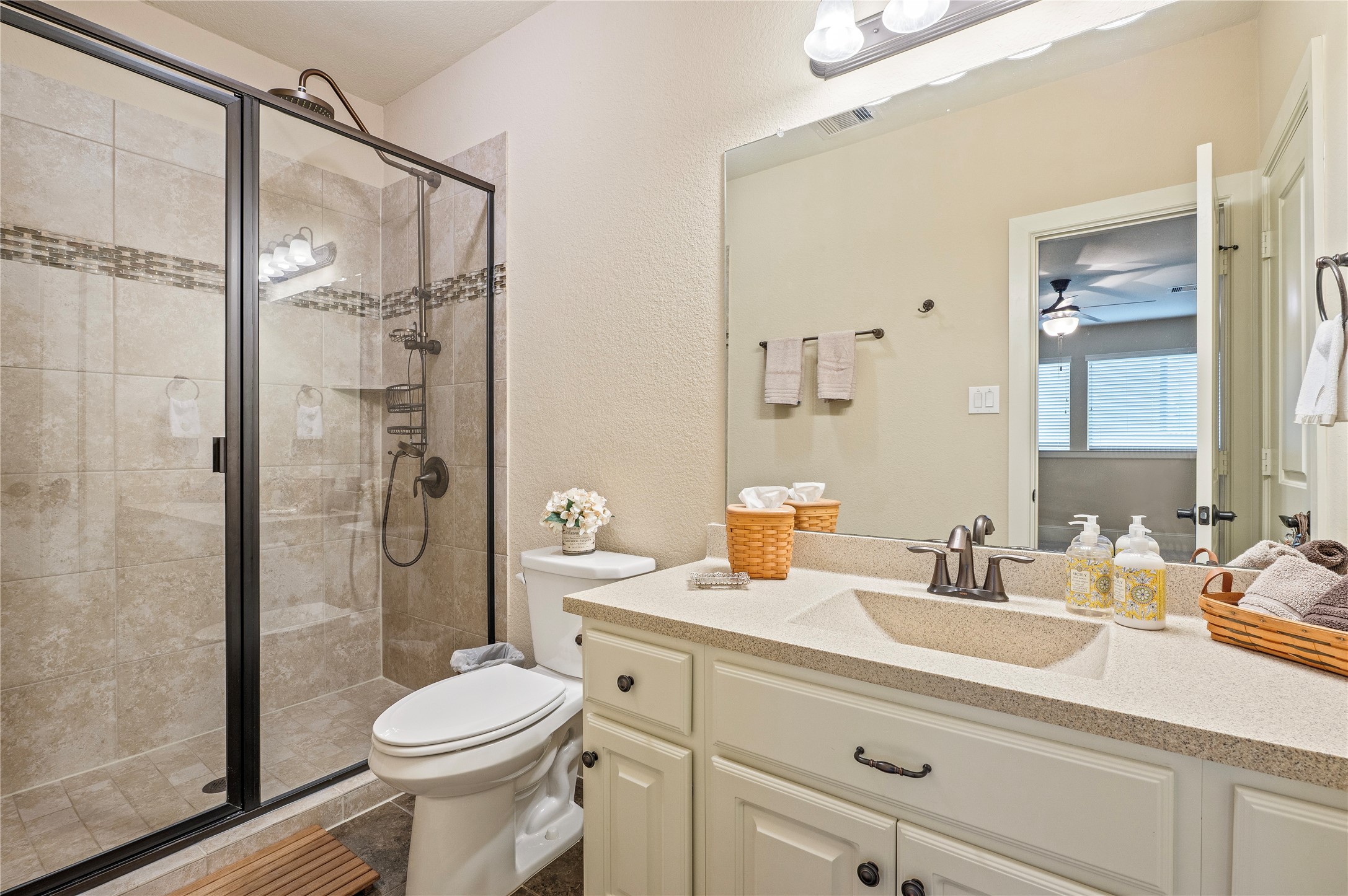 17126 Hamill Drive Rosharon, TX 77583 - Photo 30 of 50 En suite bath to the 3rd bedroom with glass enclosure shower.