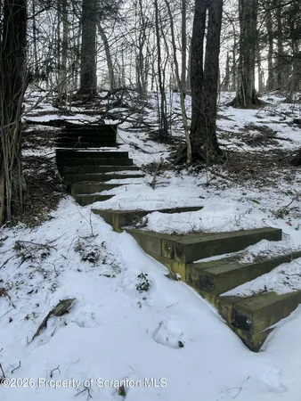 a view of a yard with wooden fence