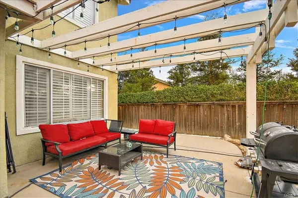 a building outdoor space with patio furniture