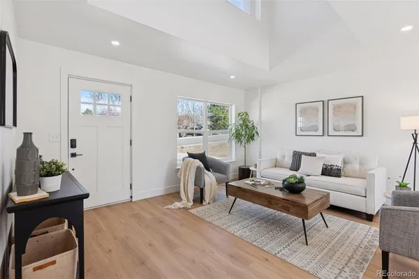 a living room with furniture and a potted plant