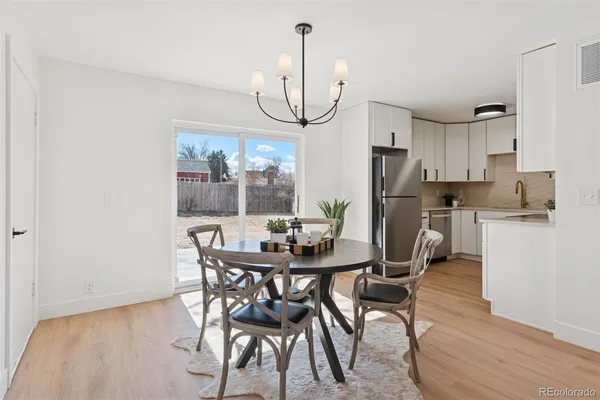 a view of a dining room with furniture and wooden floor