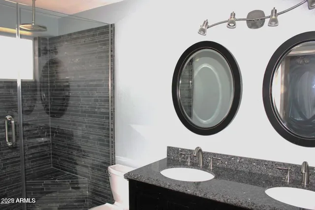 a bathroom with a sink a mirror and a toilet