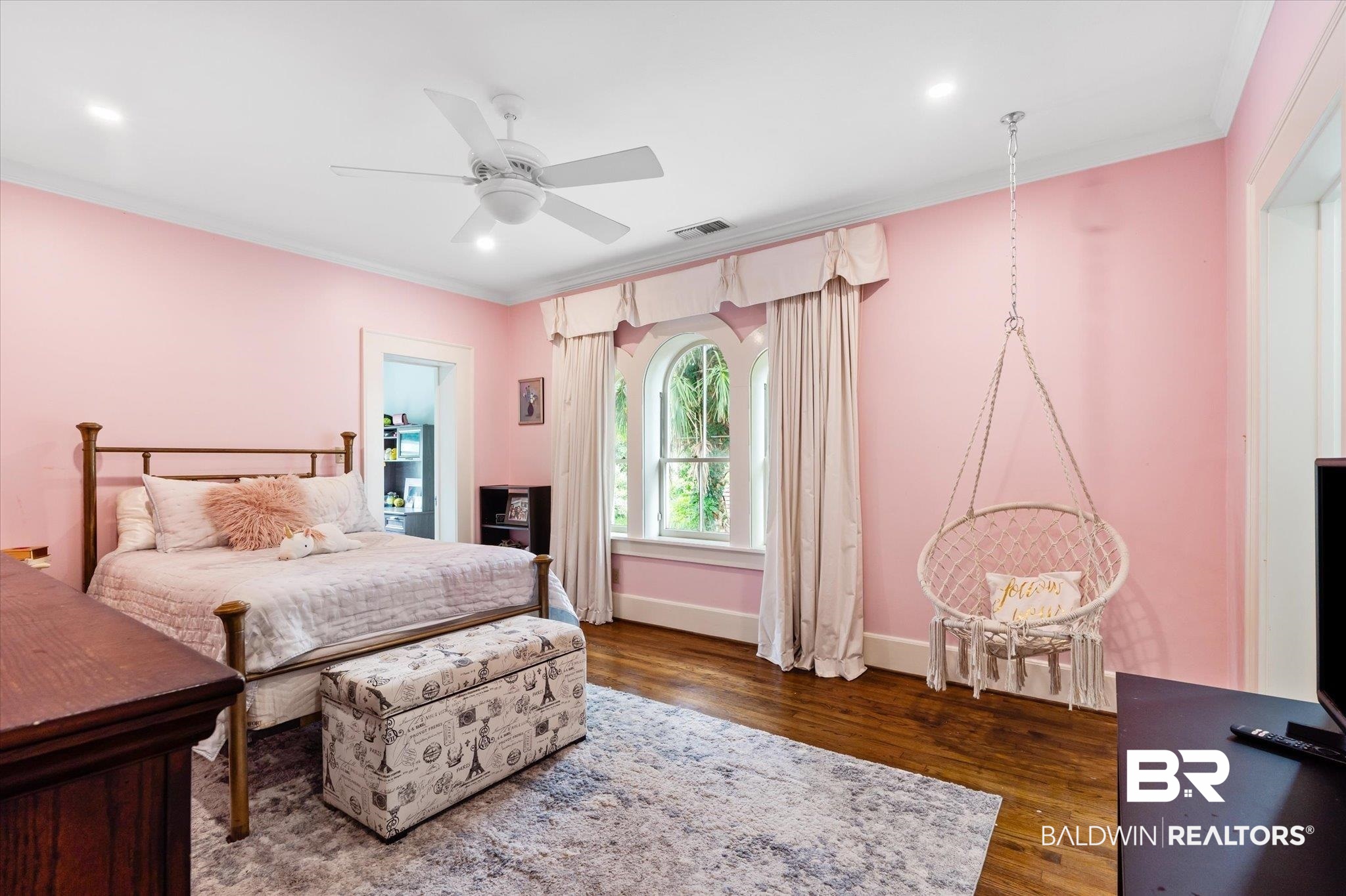 2205 Spring Hill Avenue Mobile, AL 36607 - Photo 31 of 59 Bedroom with crown molding, dark hardwood / wood-style floors, and ceiling fan