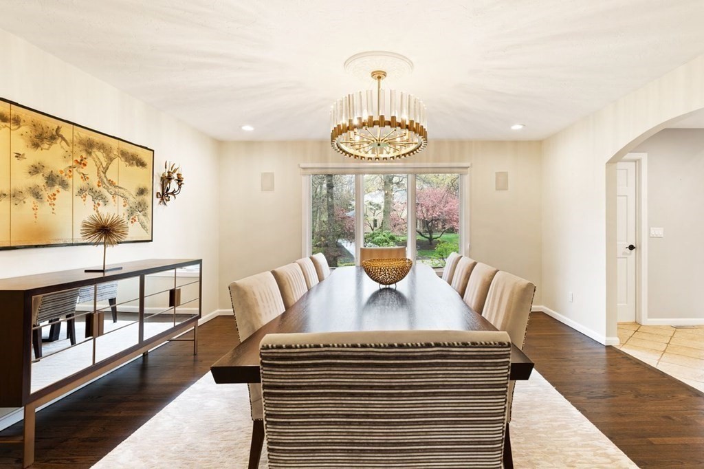7 Kings Road Sharon, MA 02067 - Photo 19 of 41 a view of a dining room with furniture a chandelier and wooden floor
