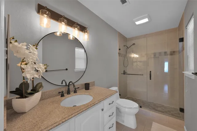 a bathroom with a granite countertop toilet a sink and mirror