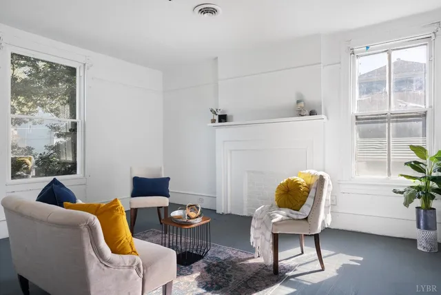 a living room with furniture and a potted plant