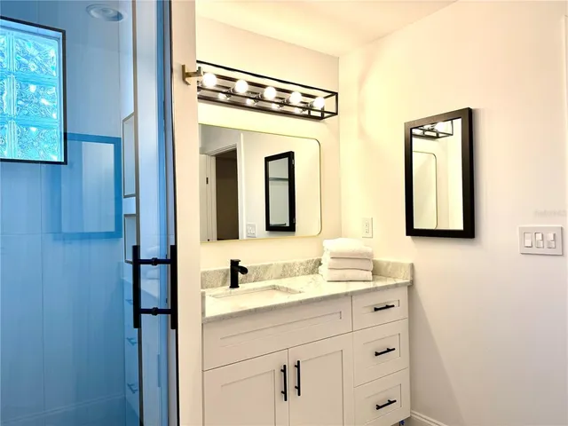 a bathroom with a sink and a mirror