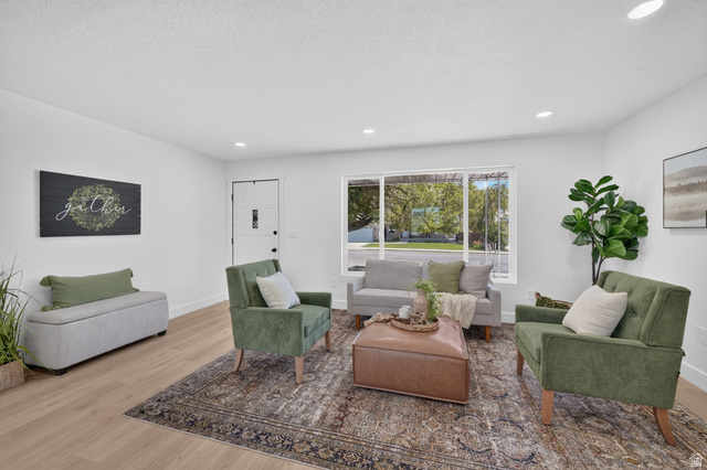 546 West 200 South Payson, UT 84651 - Photo 42 of 45 Spacious living area featuring light wood-finish flooring, a contemporary white entry door with a frosted glass insert, and recessed ceiling lighting