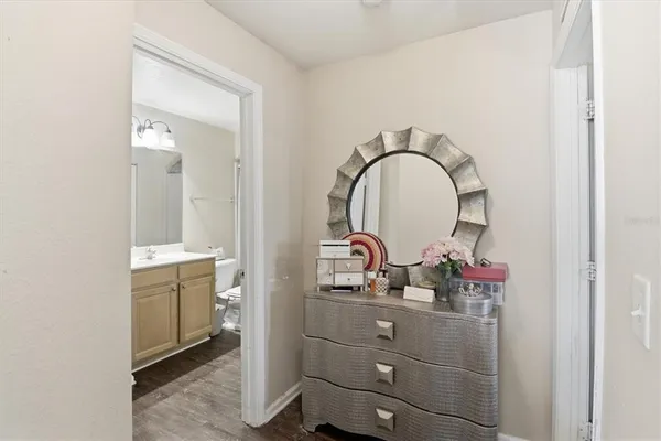 a close view of a bathroom sink with a vanity