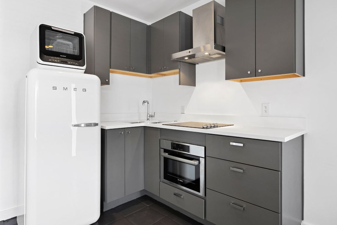 1200 Enfield Road, Unit 205 Austin, TX 78703 - Photo 5 of 22 a kitchen with stainless steel appliances a stove microwave and refrigerator