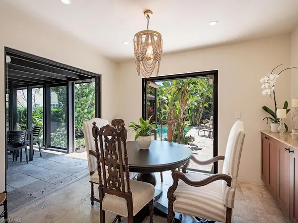 a view of a dining room with furniture window and outside view