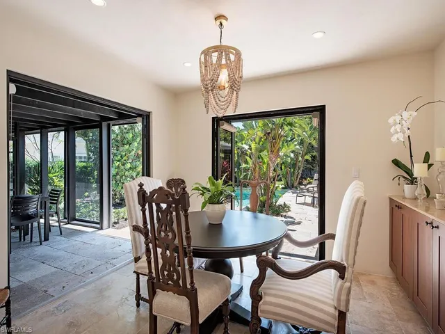 a view of a dining room with furniture window and outside view