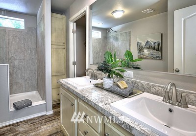 16029 Gibson Road Southwest Tenino, WA 98589 - Photo 18 of 35 a bathroom with a granite countertop sink a mirror and a shower