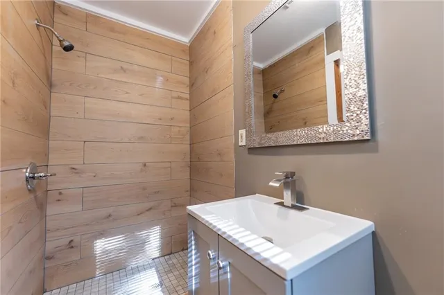 a bathroom with a sink vanity mirror and shower
