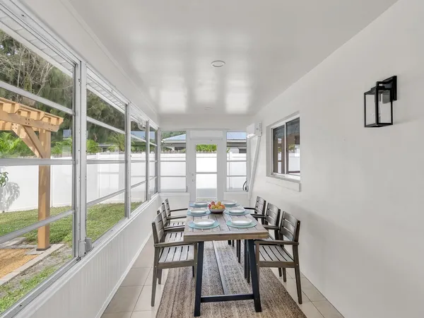 a view of a dining room with furniture window and outside view