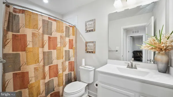 a bathroom with a sink a toilet and shower curtain