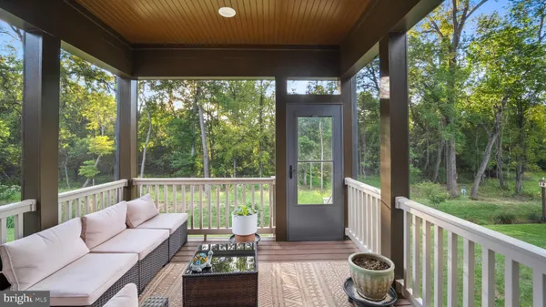 a view of a patio with couches chairs and a potted plant