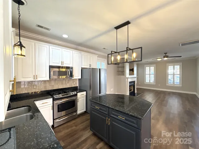 a kitchen with stainless steel appliances granite countertop a stove a refrigerator and a sink