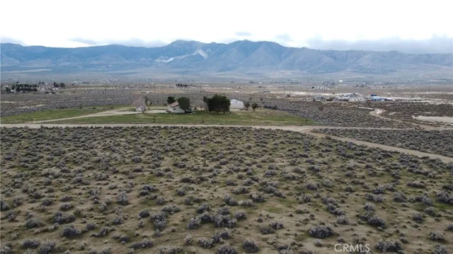 a view of a dry yard with mountains in the background