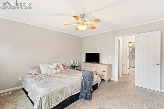 a bedroom with a bed a chandelier and a flat screen tv