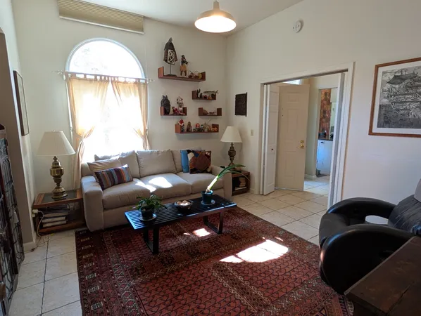 a living room with furniture rug and window